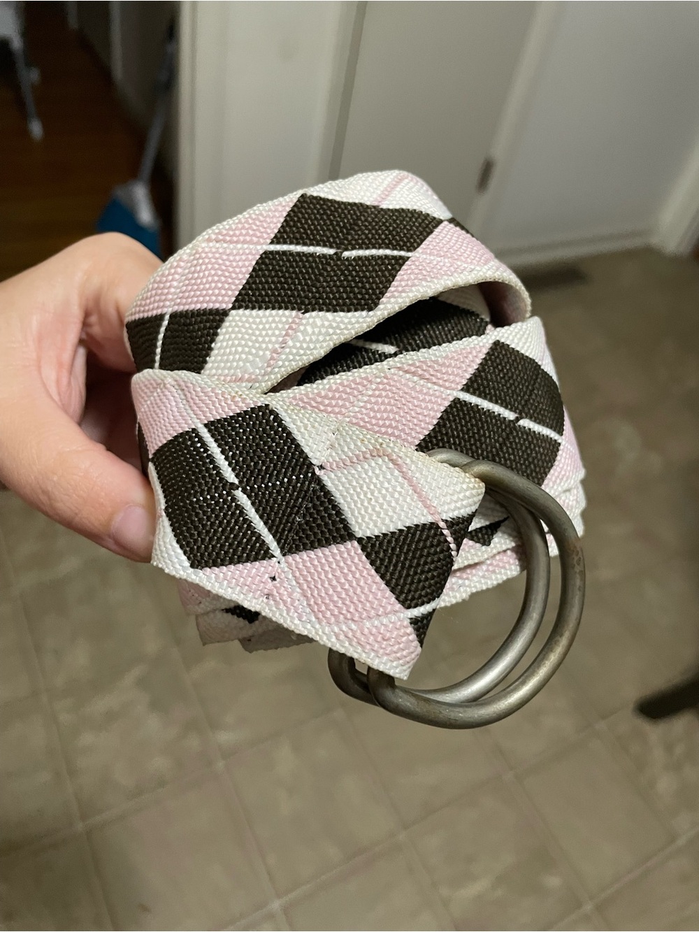 Y2K Pink and Brown Argyle D-Ring Web Belt
